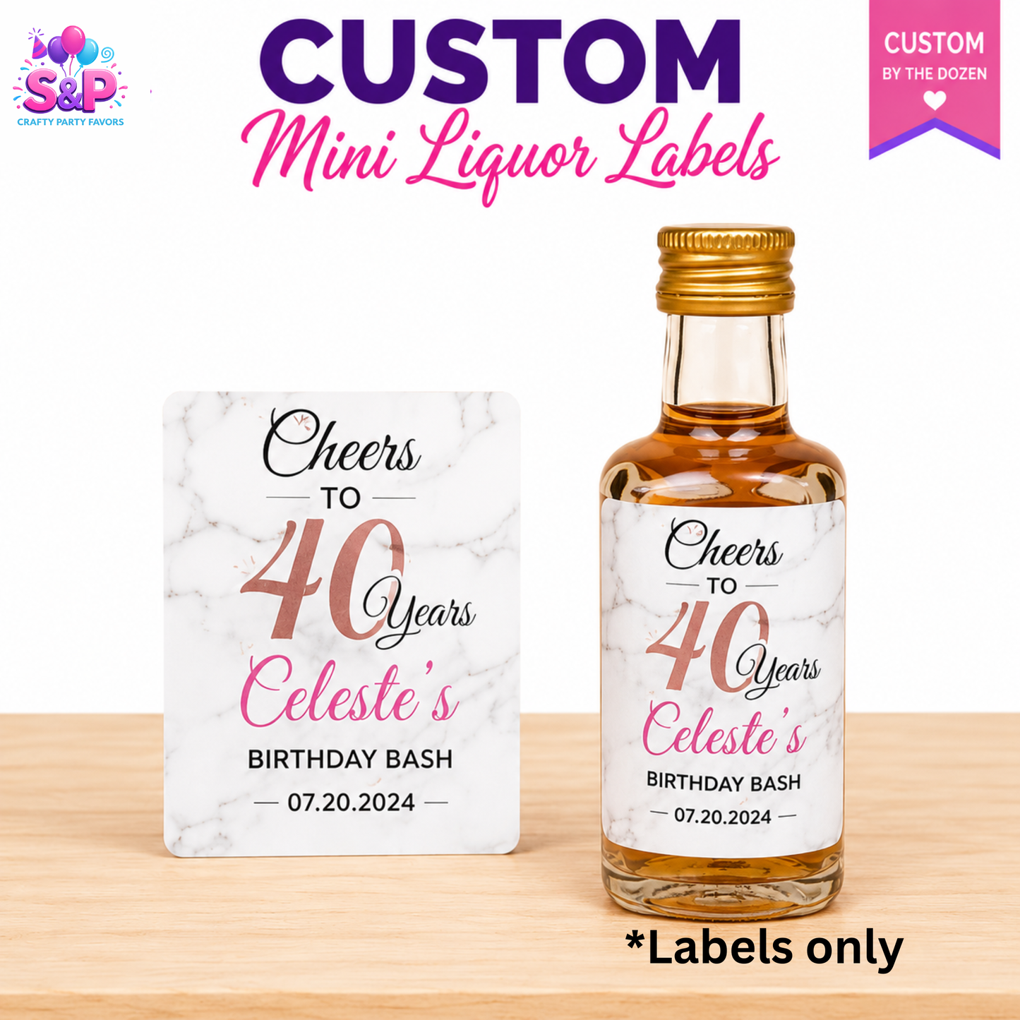 Custom Mini Liquor Bottle Labels | Personalized Party Favor Labels by the Dozen