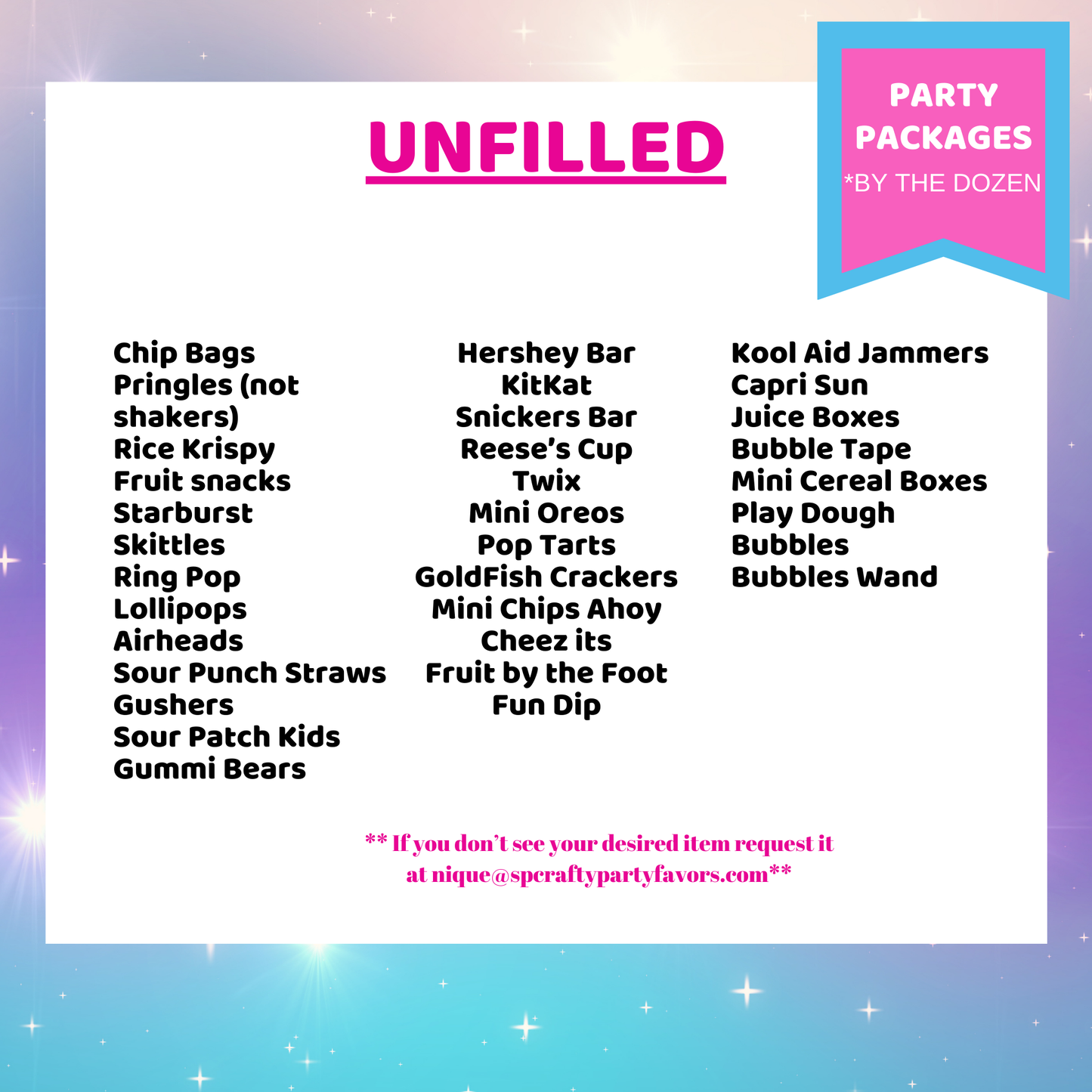 Unfilled Party Favor Package (Sold by the Dozen)