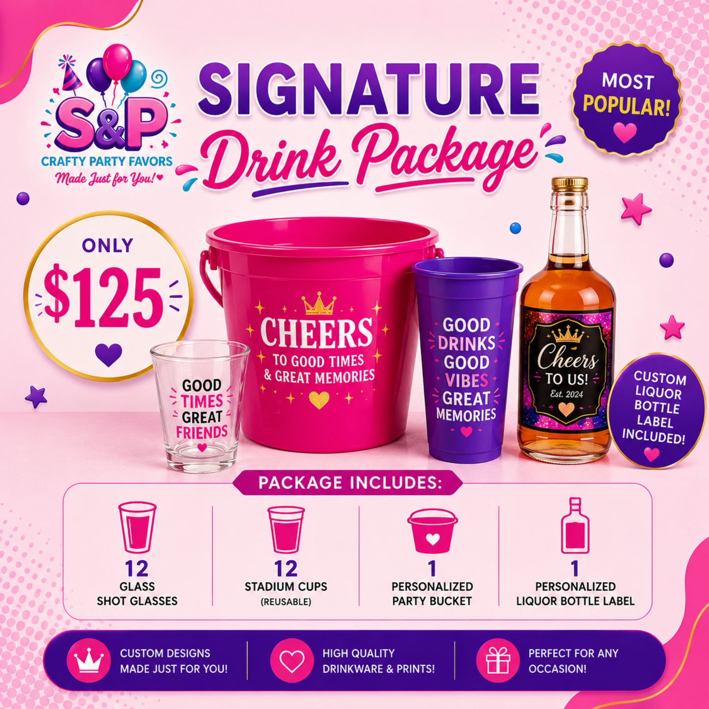 Signature Drink Package | Personalized Stadium Cups, Glass Shot Glasses & Liquor Bottle Label